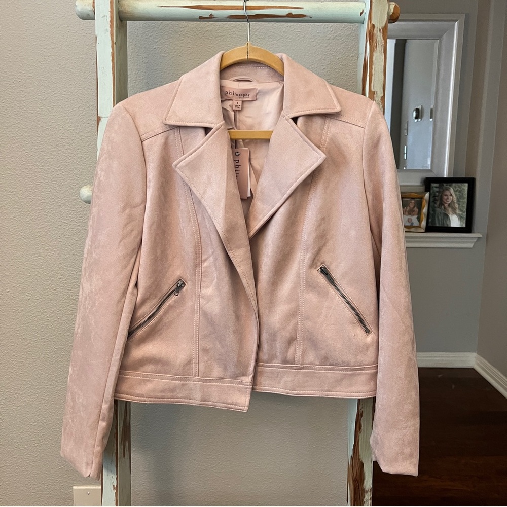NWT New Philosophy faux leather suede moto jacket in pale pink size small
